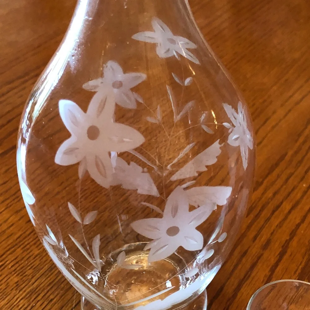 Vintage Clear Glass Etched Decanter and Six Shot Glasses